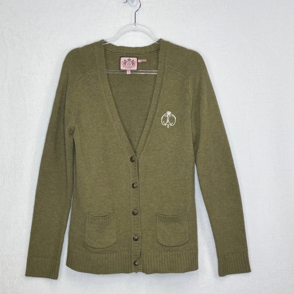 Vintage Juicy Couture XL Cashmere Merino Wool Cardigan Olive Green Y2K Crest